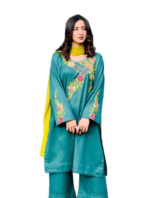 Teal Bloom – Elegant Embroidered Suit