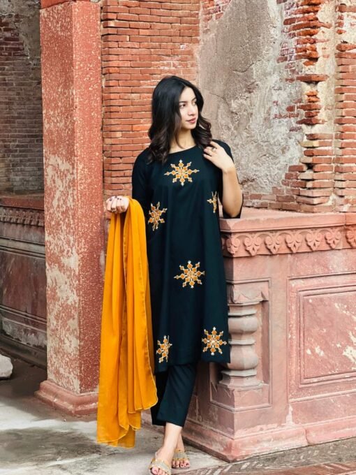 Black Hand-Embroidered Three-Piece Dress – Simple & Elegant