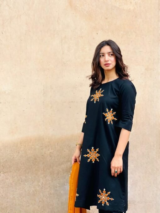 Black Hand-Embroidered Three-Piece Dress – Simple & Elegant